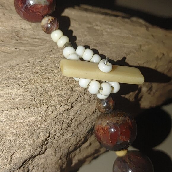 Antique Agate Bead Necklace Carved Antler Pendant Deer Elk Artisan Craft Rustic - Picture 9 of 16